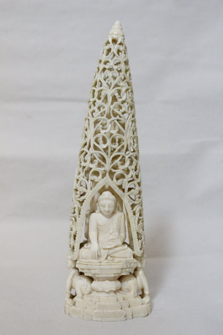 A very fine Chinese ivory carving: A very fine Chinese ivory carving depicting Buddha seating in shrine, 8"Hx2.4'x1.5", NO INTERNATIONAL SHIPPING OF IVORY