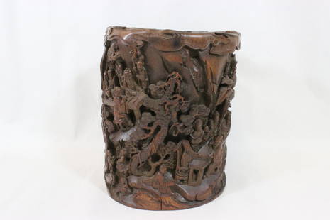 Chinese 17th/18th c. bamboo brush holder: A highly important Chinese 17th/18th century bamboo carved brush holder, carved with various fairy tale scenes, very fine carving, 8.2"Hx7.35"x6.8"