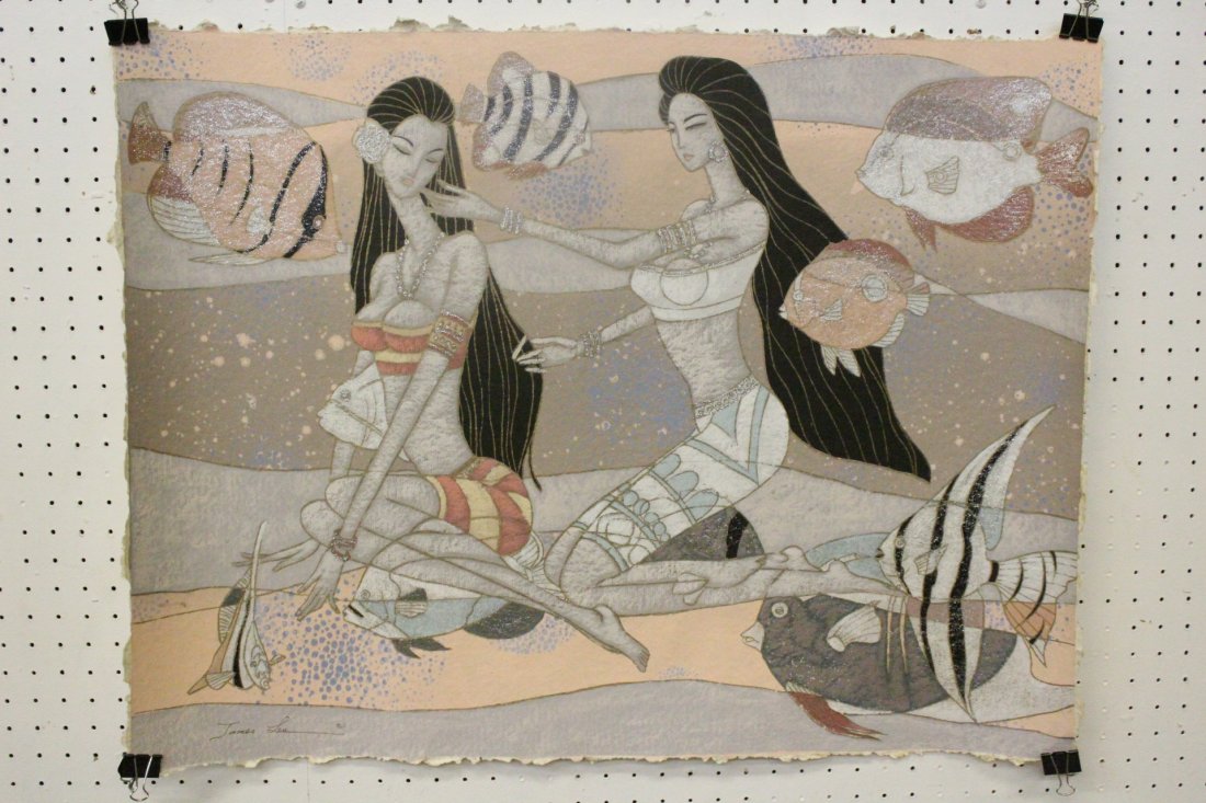 Chinese pastel on paper, signed James Lee: Chinese unframed pastel on paper depicting 2 girls, signed James Lee, 25"x33"
