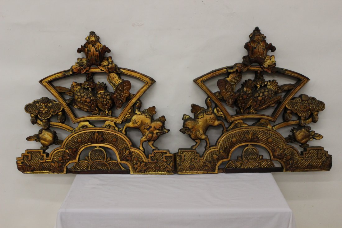 Pair Chinese antique wood wall hanging ornament (1 of 10)