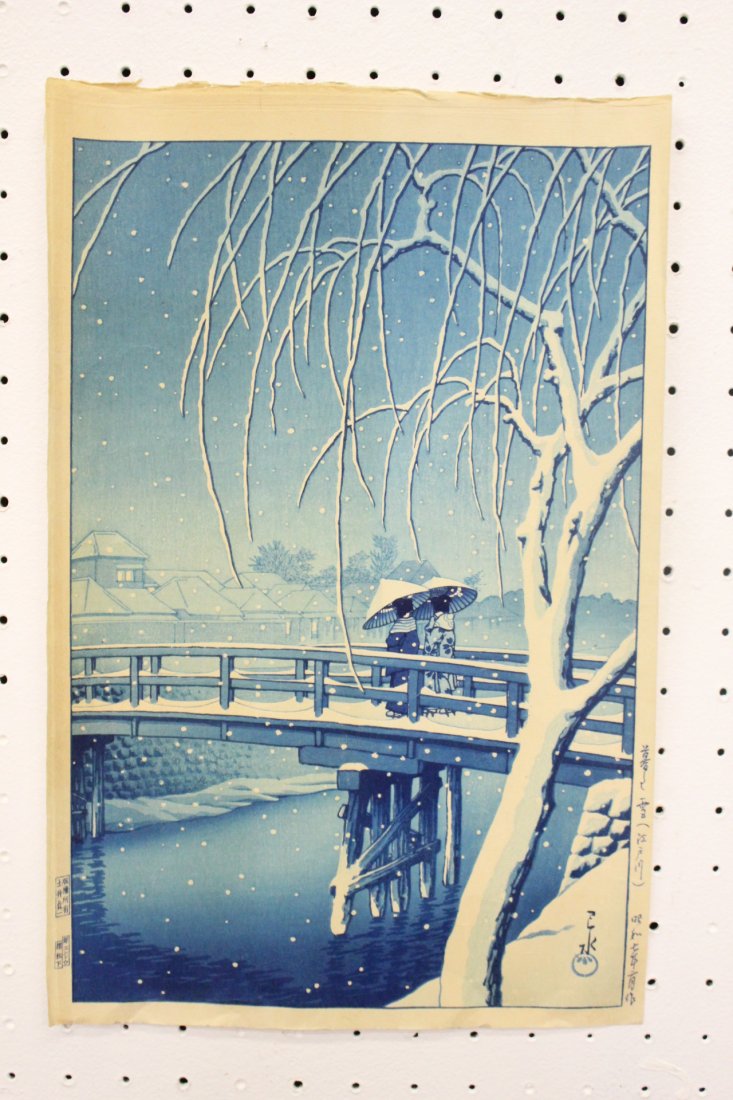 Japanese woodblock print by Kawase Benjin Hasui: Japanese woodblock print "lady walk on bridge" by Kawase Benjin Hasui, strong blue tint (c1932) purchased in 2nd quarter of 20th century, never displayed, 14.35"x9.35"