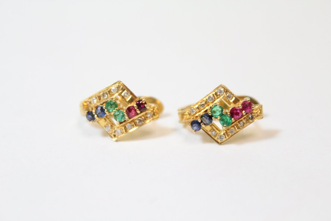 Pair 14K earrings set with various precious stones (1 of 10)