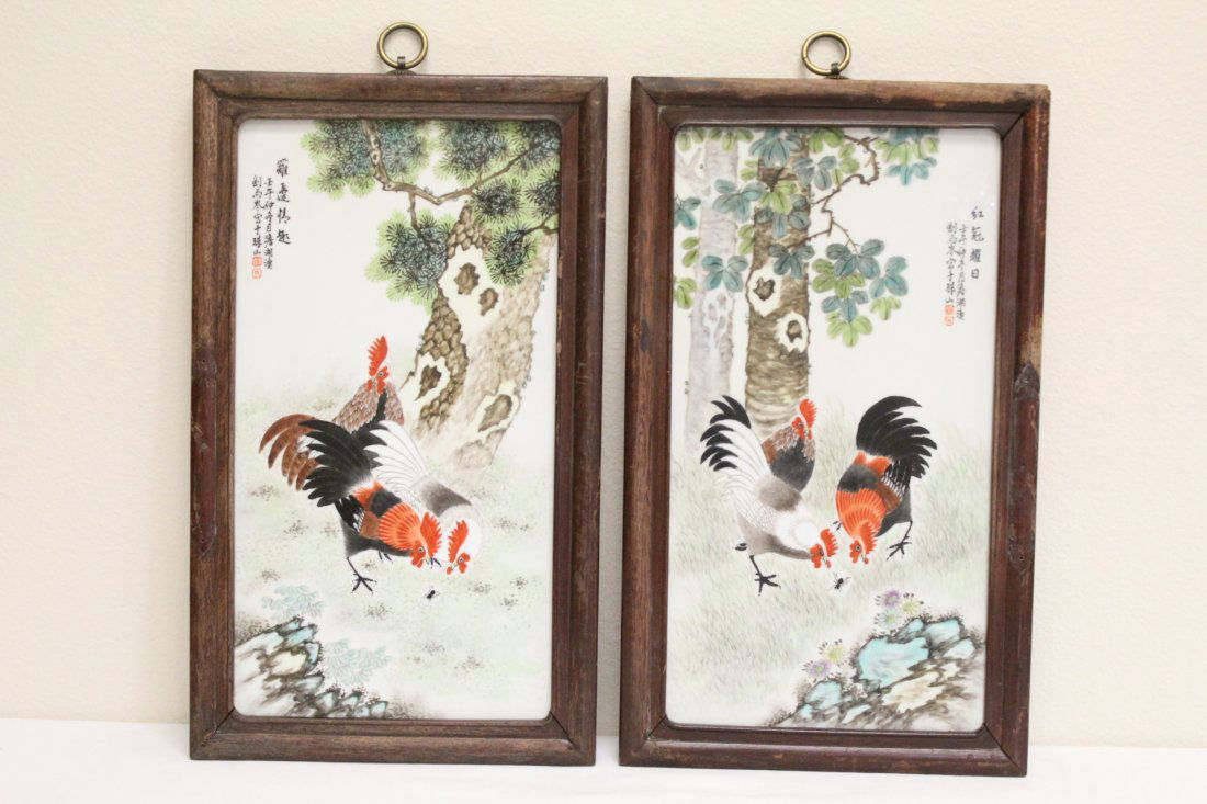 Pair Chinese framed porcelain plaques (1 of 10)