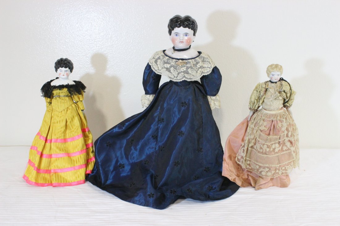 3 Germany antique porcelain head dolls: 3 Germany antique porcelain head dolls, 18", 13"(2)