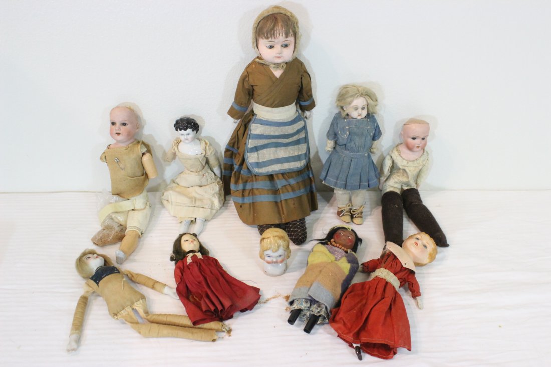 10 vintage dolls and doll head: 10 vintage dolls and doll head; including Germany antique bisque head doll (some have damage), 8"-19"