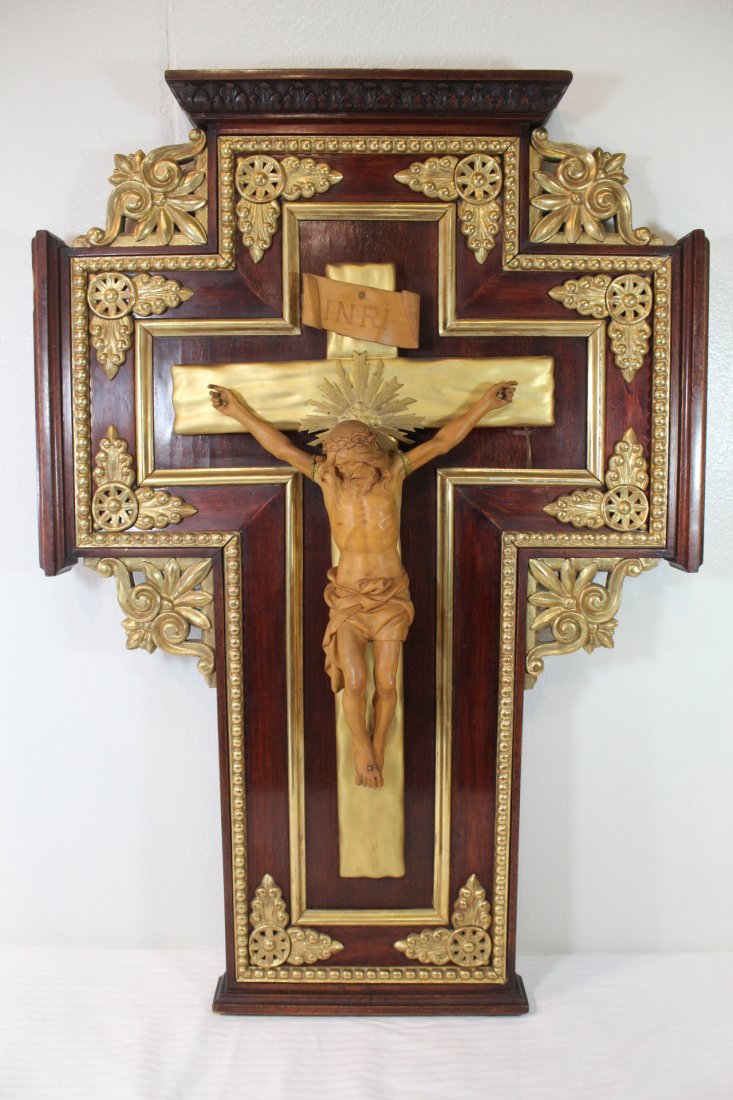 Unusual 19th c. cross decorated with gilt wood (1 of 10)