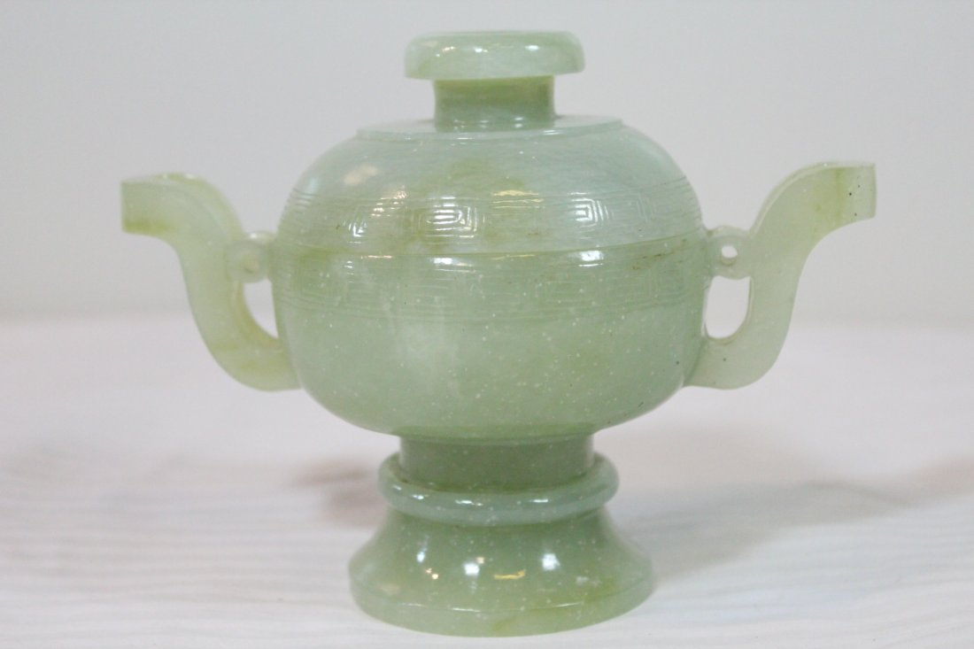 Chinese celadon jade carved covered bowl (1 of 10)