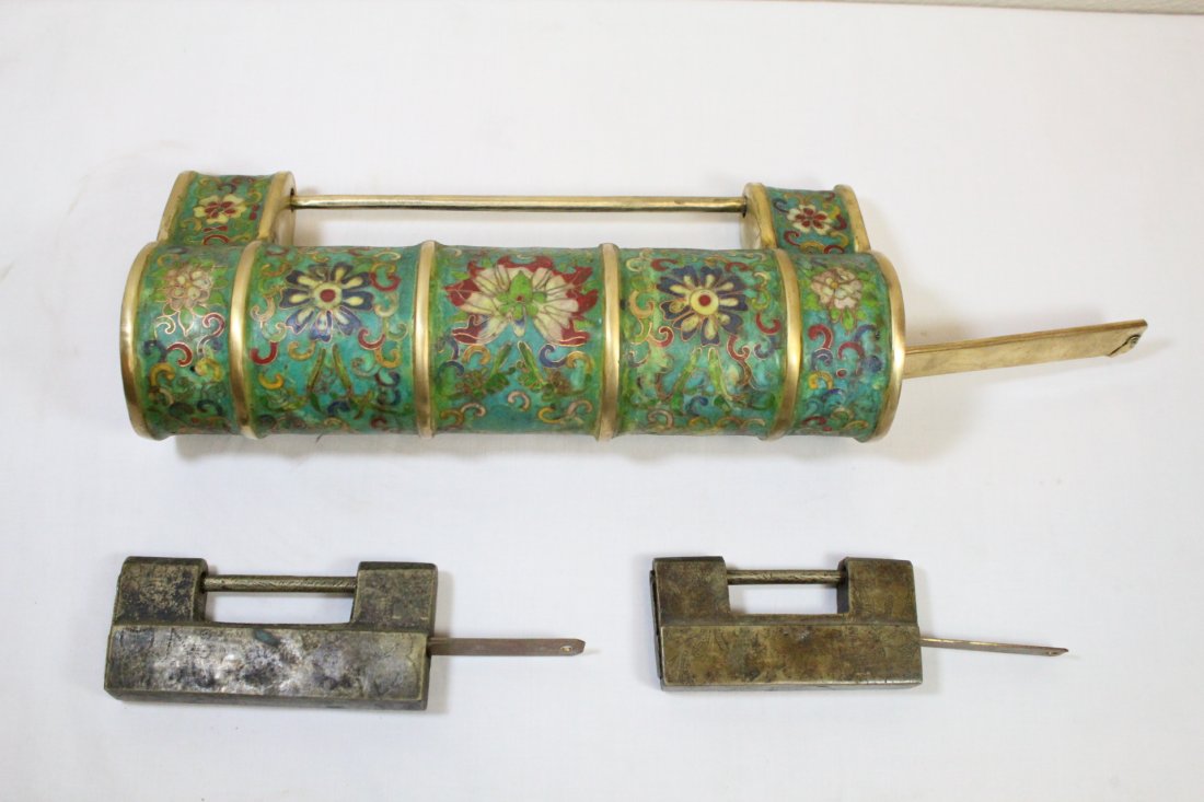 3 Chinese locks; 2 brass and one cloisonne (1 of 10)