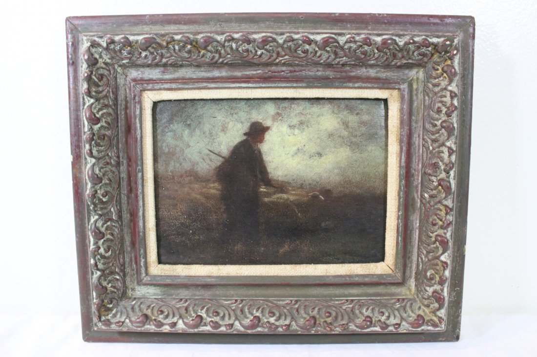 19th c. o/c attributed to Jean Francois Millet: 19th century oil on canvas laid on board depicting man working in field, attributed to Jean Francois Millet, 7.7"x10.7"