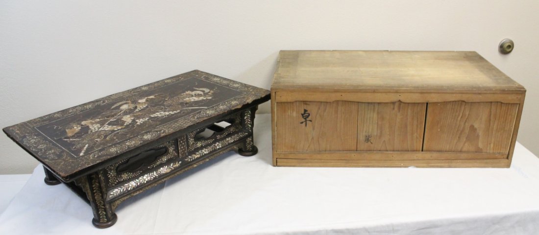 18th/19th c. Japanese lacquer tea table: Rare 18th/19th century Japanese lacquer tea table (7.3"Hx26"x15.1") with mother of pearl inlaid, with original carrying box (9.7"Hx27.35"x16.05") (some inlaid loss)