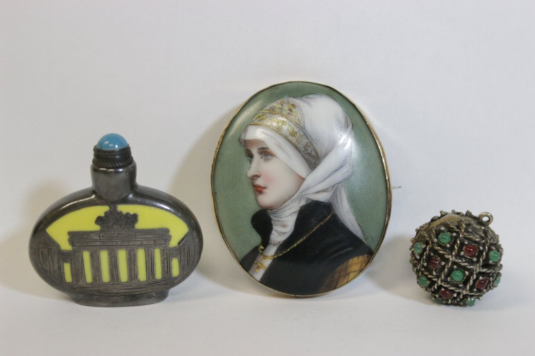 3 items: 3 items; porcelain plaque with lady's portrait (2.35"x2"), perfume bottle (1.9"H) with silver overlay and a silverplate locket (some stone missing, 1"dia)