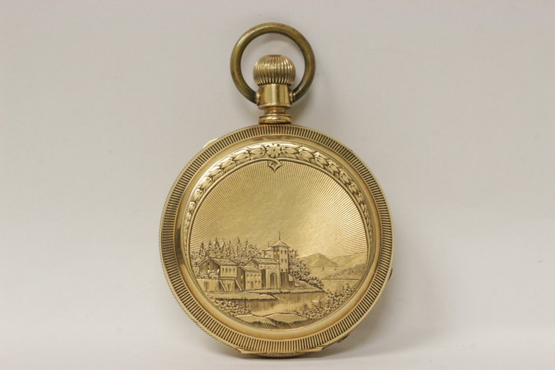 Elgin hunter cased pocket watch with engraved case: Elgin hunter cased pocket watch (1.65"dia) with engraved case
