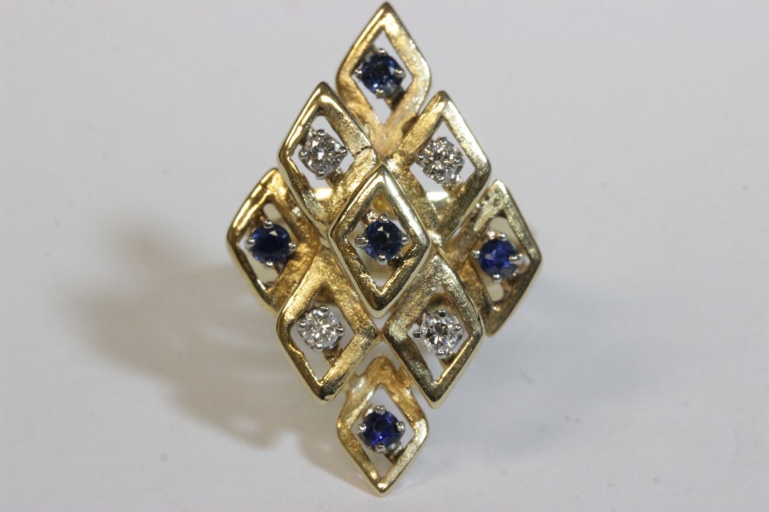 14K Y/G sapphire and diamond ring: 14K Y/G sapphire and diamond ring in checker motif, wt. 7.7gm, size 6