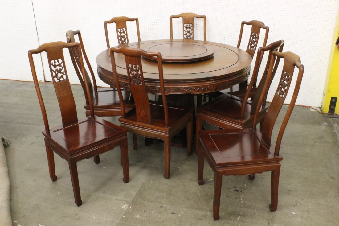 9pc Chinese rosewood dining room set: 9pc Chinese rosewood dining room set; including table (30"Hx55.5"dia) (with 1 lazy susan, 1.7"Hx26"dia.), and 8 chairs (40"Hx18"x21" each)