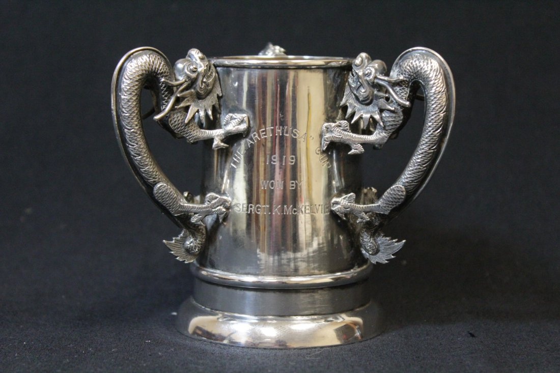 Chinese 19th/20th century silver cup: Chinese 19th/20th century 3-handle silver cup (3.7"Hx4.7"dia with handles in dragon motif, used as trophy in 1919 race, Shanghai, Tuck Chang & co., wt. 221.6gm (7.0 troy oz)