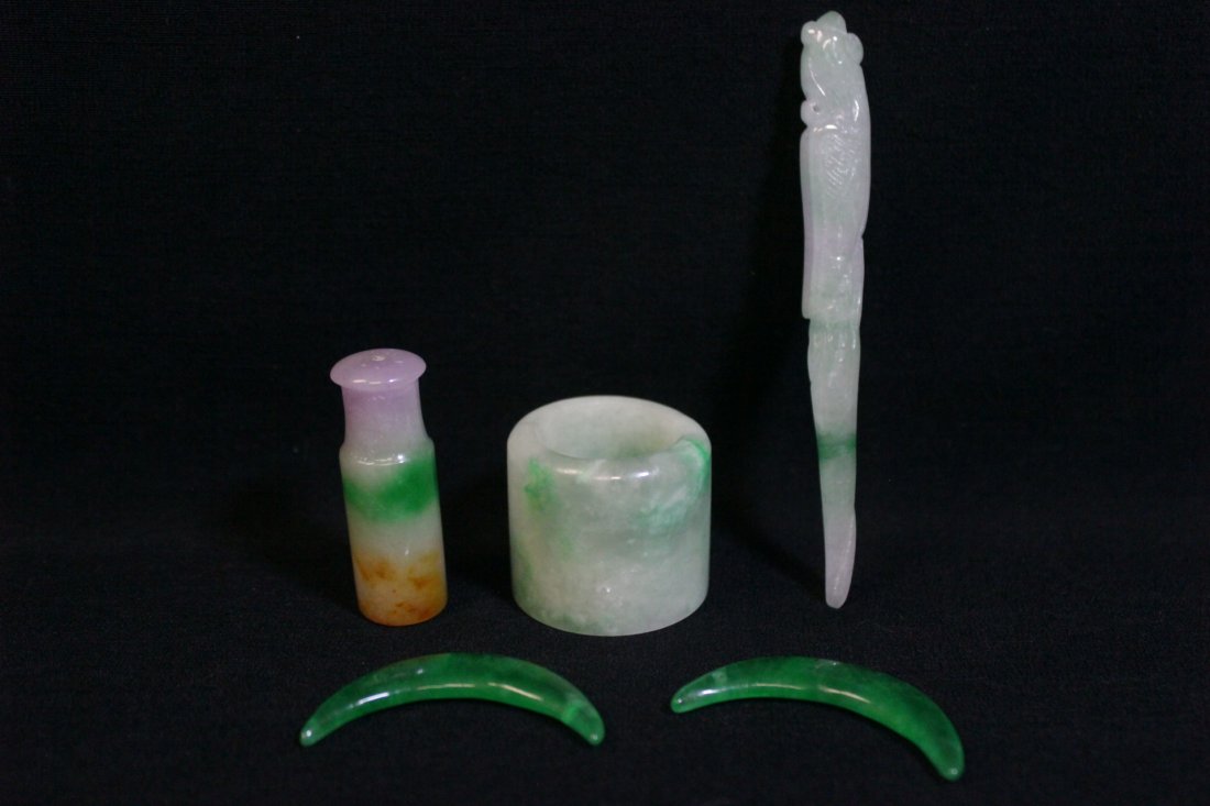 5 jadeite like pieces: 5 jadeite like pieces; an archer's ring (1.15"Hx1.3"od(0.9"id)), cigarette holder (1.7"Lx0.6"dia), hair ornament (3.9"L), and pair earrings(?) (1.7"L each)