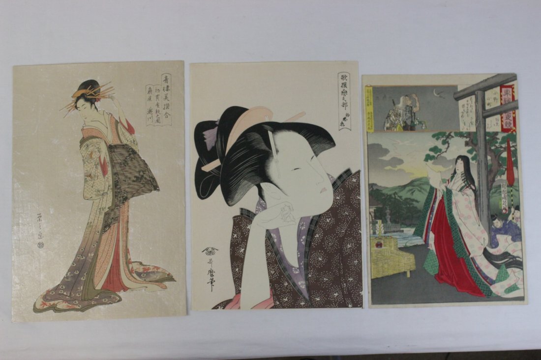 3 Japanese woodblock prints: 3 Japanese woodblock prints, one by Eishi Hosoda, one by Chikanobu Toyohara, and one by Utamaro
