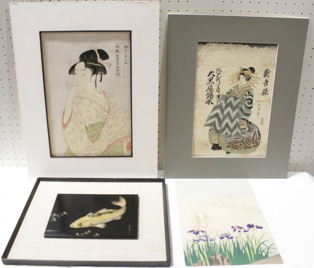 2 W/b Prints, A Painting On Lacquer Panel, And A W/c