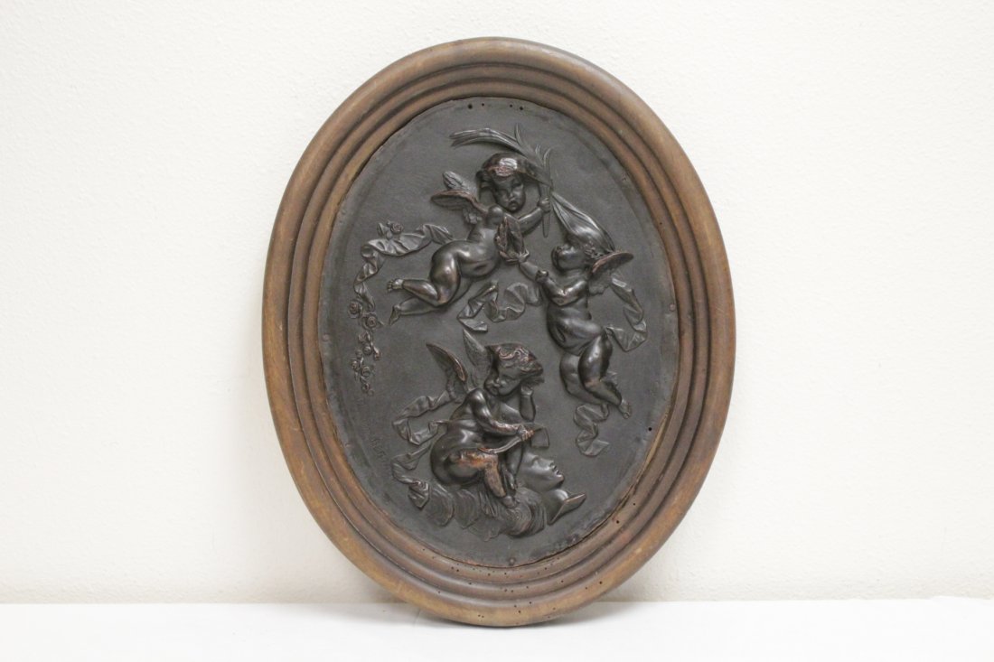 19th century bronze plaque by Helene Bertaux: 19th century bronze plaque (12.5"x9.5") depicting a relief allegory of astronomy with cherubs by French artist Helene Bertaux (Madame Leon Bertaux, 1825-1909)