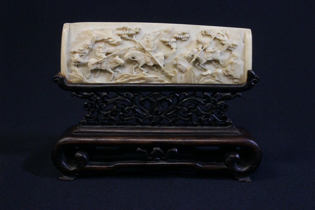 Chinese 19th c. ivory plaque on rosewood stand (1 of 8)
