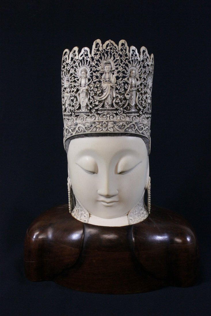 Chinese 19th/20th c. ivory head on rosewood stand (1 of 10)