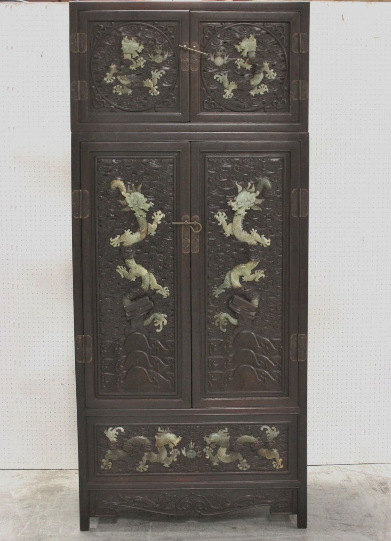 Chinese zitan wood cabinet with jade carving (1 of 9)