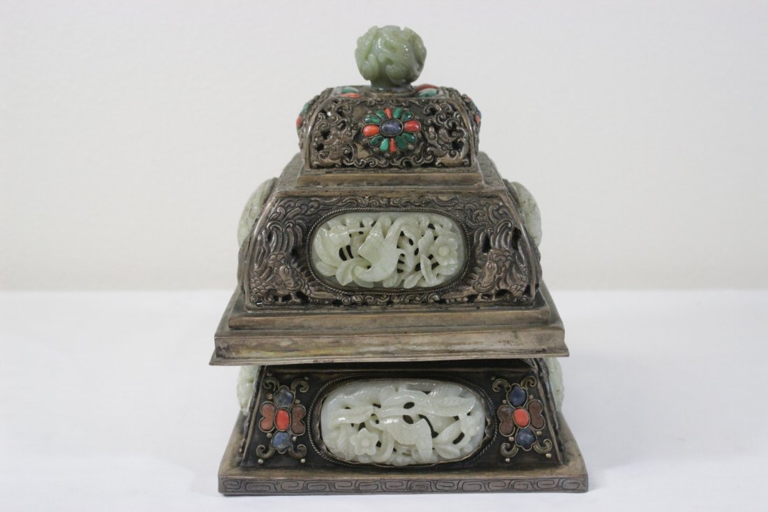 Chinese silver like censer with jade plaques (1 of 10)