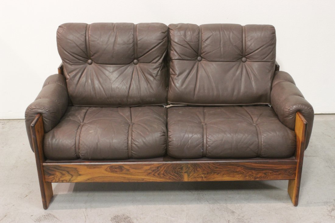50's leather loveseat by Kalustekiila, Finland: 50's leather loveseat with rosewood frame, by Kalustekiila, Finland, 22.3"Hx58.5"x30.3"