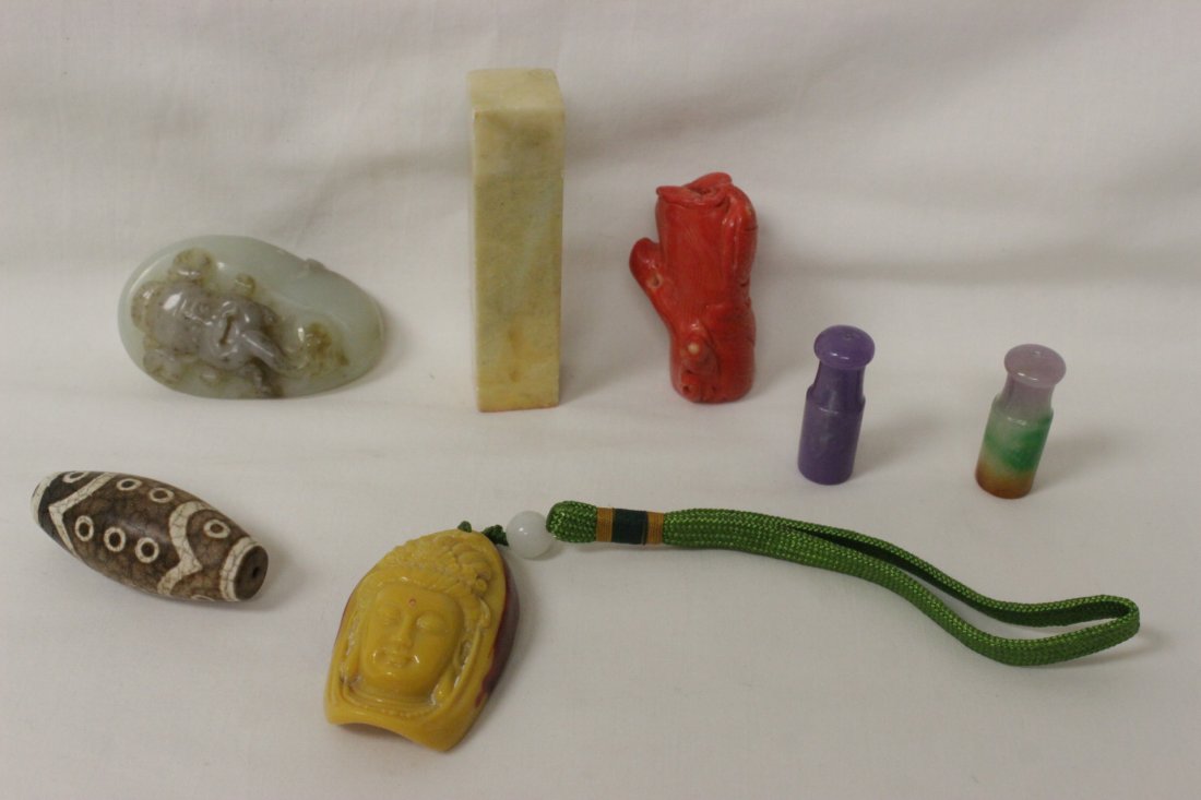 7 pieces; jade carving, coral like carving and seal (1 of 9)