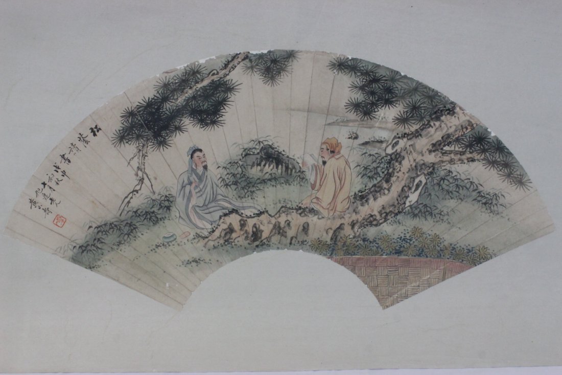 Chinese w/c on rice paper fan face "scholar scene" (1 of 10)