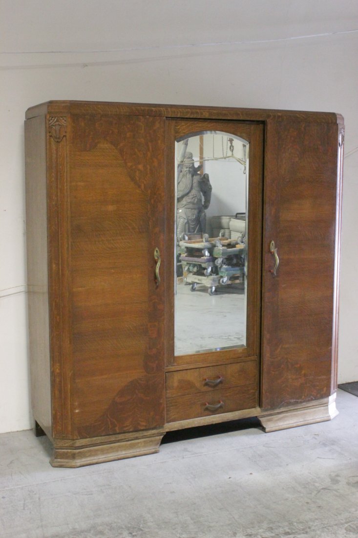 art deco oak wardrobe with center mirror (1 of 9)