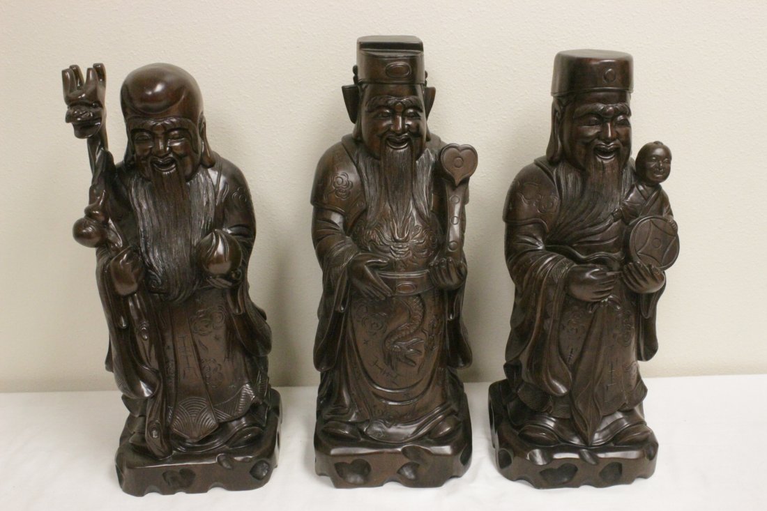 3 Chinese vintage hardwood carving: 3 Chinese vintage hardwood carved Daoism gods, 19.65"H, 19.5"H, 19"H each