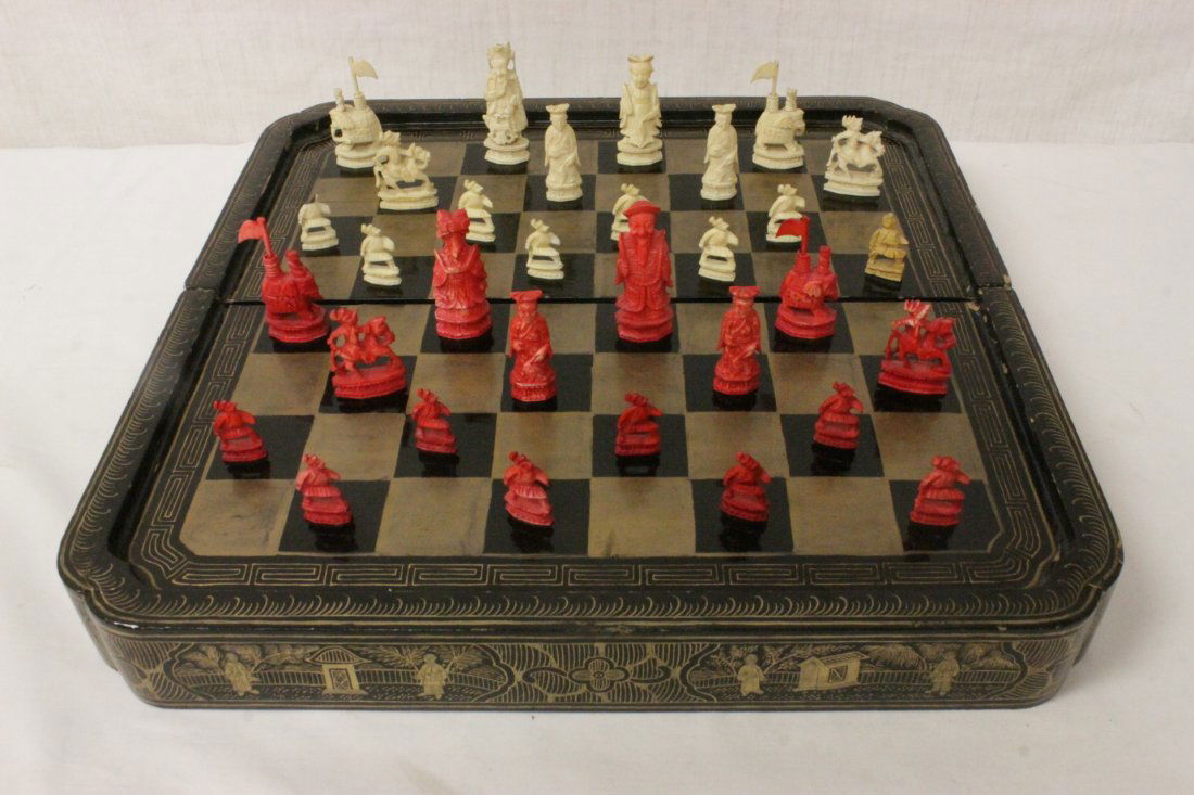 Chinese ivory chess set with painted lacquer box (1 of 10)