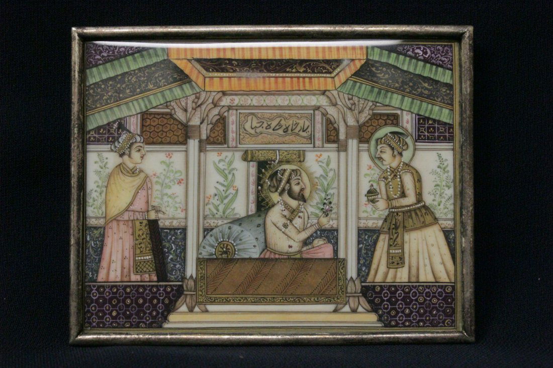 painted ivory plaque w/ silver frame in box (1 of 9)