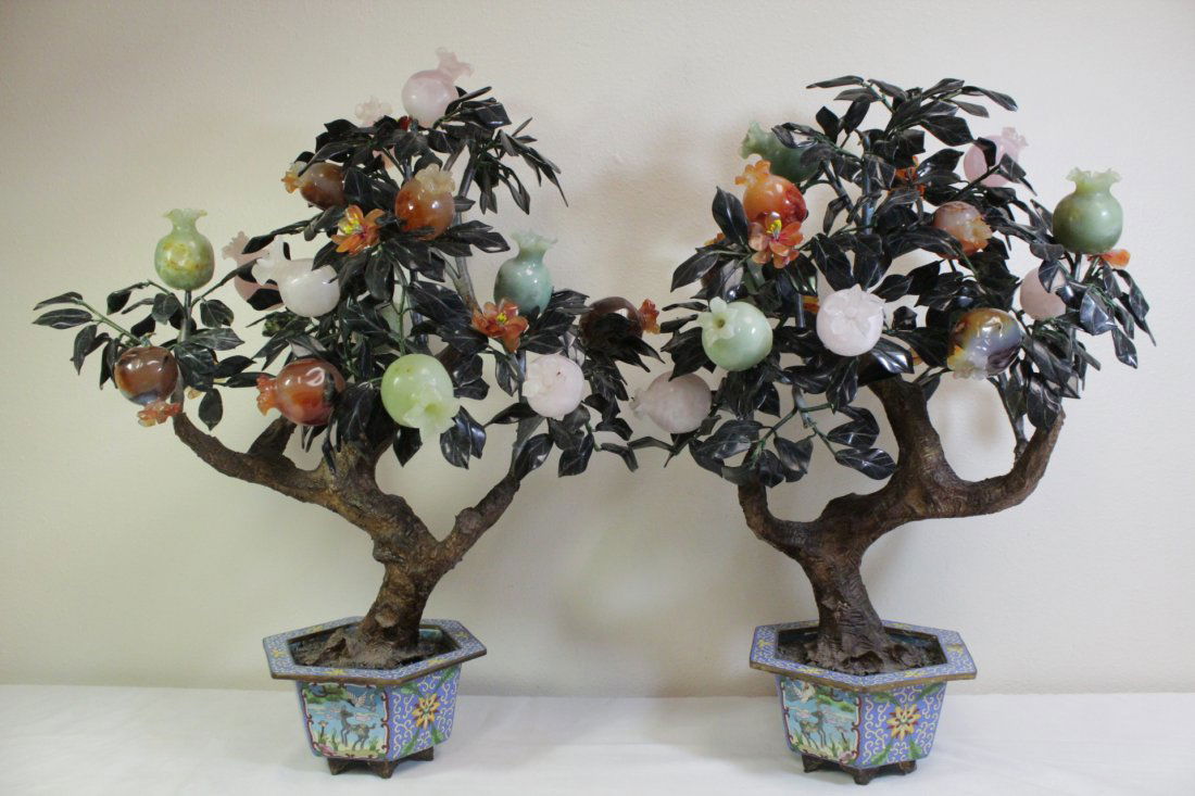 Pair Chinese vintage jade tree with cloisonne base (1 of 10)