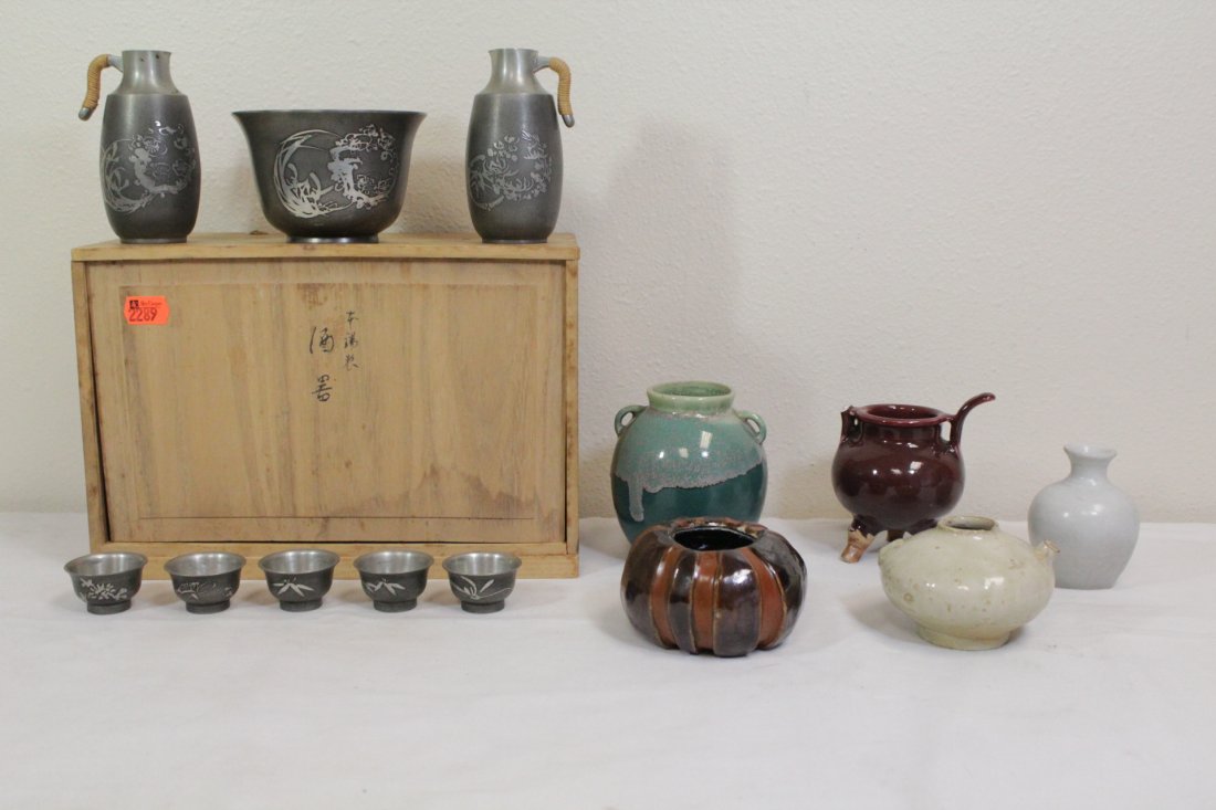 5 porcelain pieces, and set of Japanese pewter tea set (1 of 10)