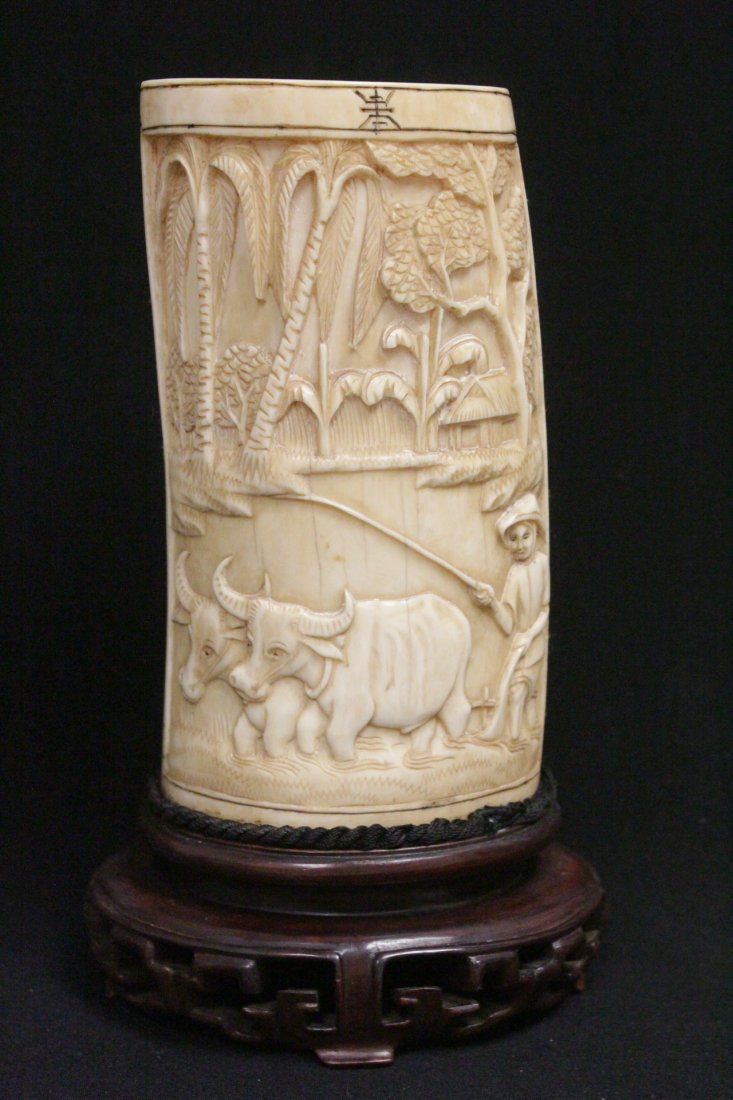 Very rare Vietnamese ivory carved brush holder: Very rare Vietnamese ivory carved brush holder depicting farmer scene, 6.5"H , NO INTERNATIONAL SHIPPING OF IVORY