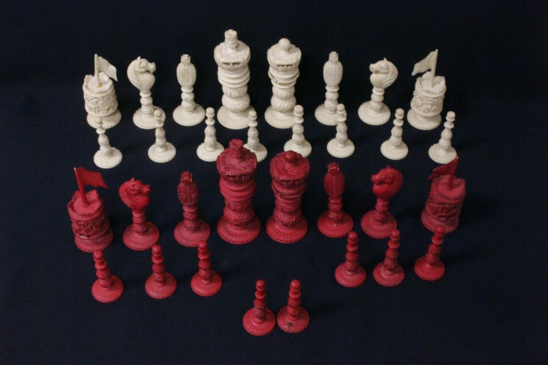carved Chinese canton ivory chess set: A finely carved Chinese canton ivory chess (2.2"-4.2"H) set for European market , NO INTERNATIONAL SHIPPING OF IVORY