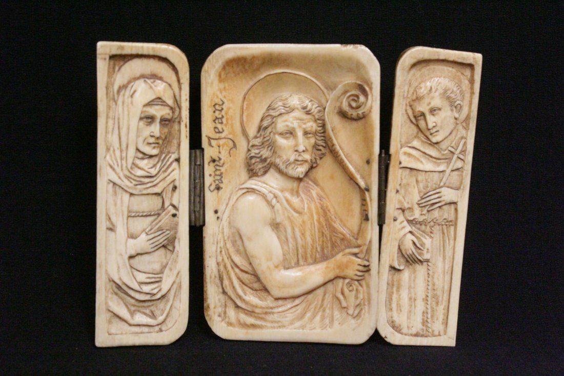 Italian antique ivory carved 3-panel ornament: Italian antique ivory carved 3-panel religious ornament (corner minor chip, 4.35"x5.3"x0.6") , NO INTERNATIONAL SHIPPING OF IVORY