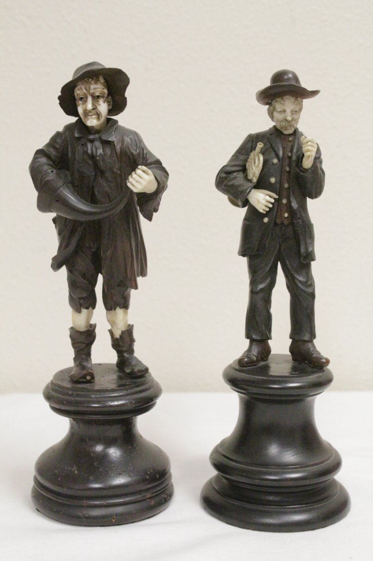 2 antique Germany wood and ivory carved musician: 2 antique Germany Black Forest wood and ivory carved musician, 9.25"H each , NO INTERNATIONAL SHIPPING OF IVORY