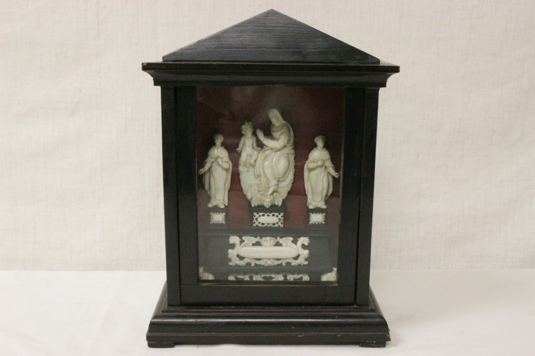 French antique shadow box, with ivory carving: A beautiful French antique shadow box (12"Hx9"x4.4"), with ivory carved religious figures , NO INTERNATIONAL SHIPPING OF IVORY