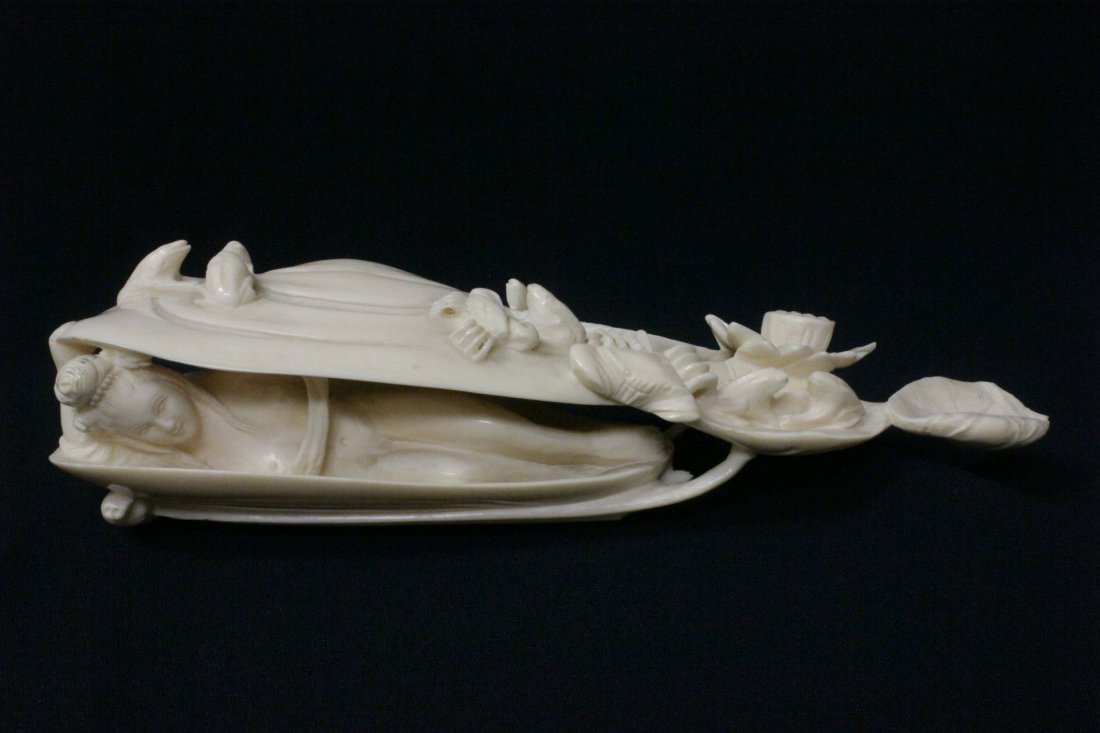 Chinese vintage ivory carving: Chinese vintage ivory carving depicting a shell with concealed nude girl, the top carved with crab and frog in high relief (bottom flower branch damage), 8.25"L , NO INTERNATIONAL SHIPPING OF IVORY