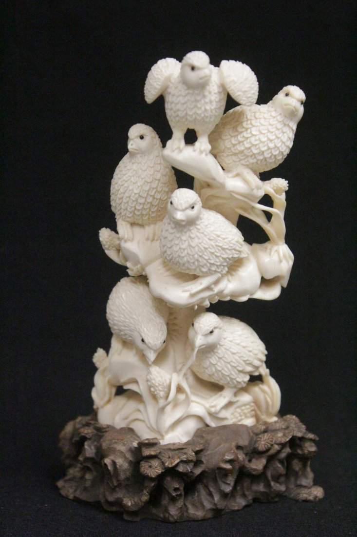 ivory carved Japanese antique okimono: Exceptionally ivory carved Japanese antique okimono (4.9"H) depicting group of birds , NO INTERNATIONAL SHIPPING OF IVORY