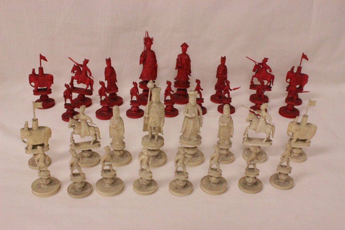 Chinese antique canton ivory carved chess set: Beautiful Chinese antique canton ivory carved chess (2.25"H-4.65"H) set for European market , NO INTERNATIONAL SHIPPING OF IVORY