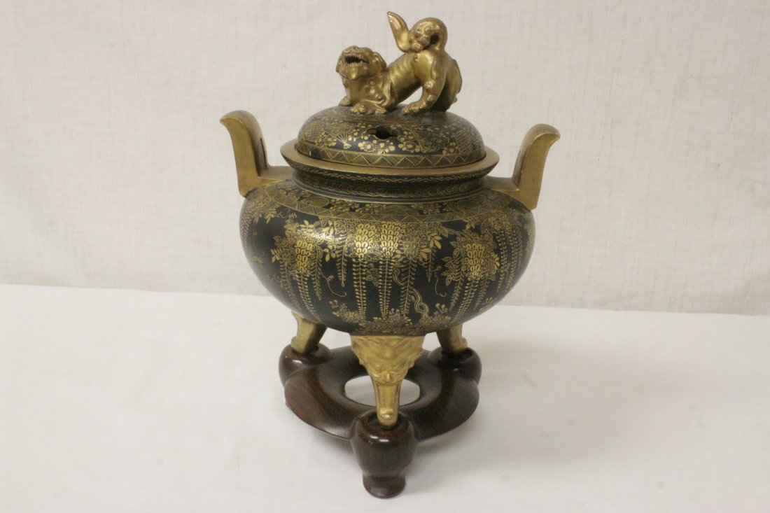 Japanese antique satsuma covered koro, signed: An exceptional Japanese antique black background satsuma covered koro, gold painted with landscape scene with willow trees, signed by artist, 9.5"Hx8.1"x7.25"