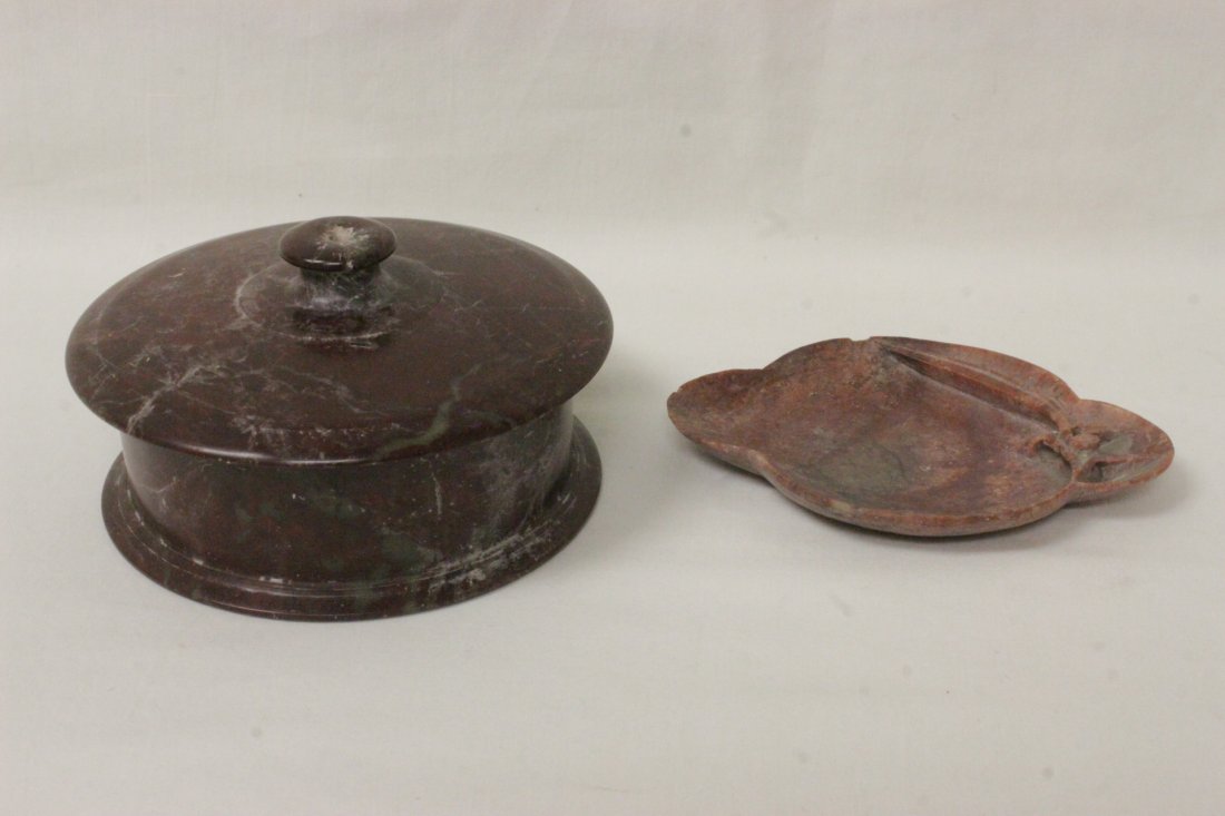 2 Chinese antique jasper stone carved items: A rare Chinese antique jasper stone carved covered box (2.25"Hx4.25"dia), possible a ink box, and a small antique dish (0.5"Hx4.15"x3.05"), possible a snuff dish