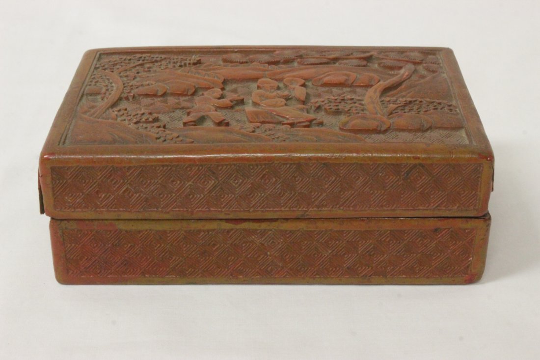 Chinese antique cinnabar box: Chinese antique cinnabar box decorated with scholar scene (corner chip, 2"Hx5.75"x3.75")
