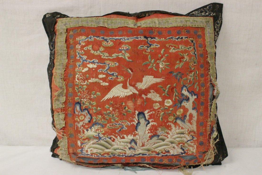Chinese antique embroidery panel as pillow case: Chinese antique embroidery panel (17"x17"), possible a rank patch, made as pillow (border damage)