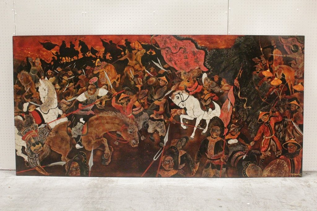 A large Chinese painting on lacquer board: A large Chinese painting on lacquer board depicting war scene, 48.25"x98.5"x0.8"