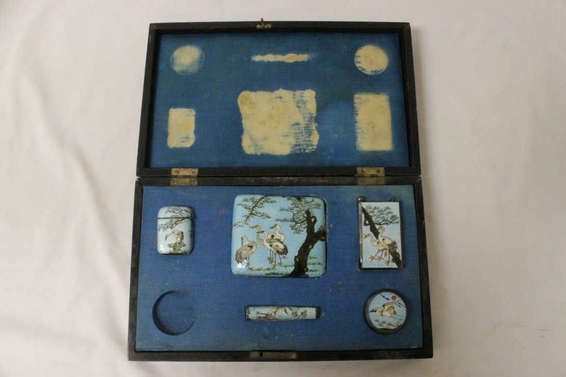 antique Chinese enamel on silver set in original box: An important antique Chinese enamel on silver set decorated with crane scene; including a lighter case (1.85"x1.3"x0.45"), a cigarette case (3.65"x3.15"x0.65"), a notebook (2.7"x1.65"x0.35"), a pill b